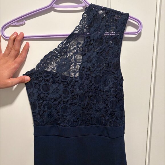 Missguided Mermaid One Shoulder Long Night Blue Dress - Picture 7 of 13